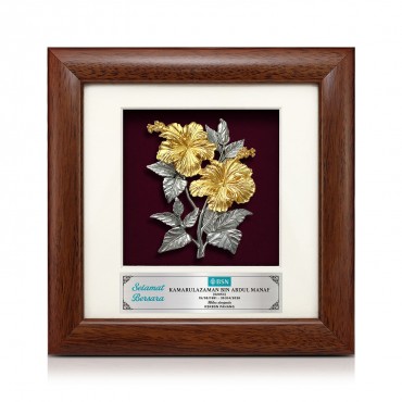 7" x 7" Solid Frame with Gold Plated Pewter - Bunga Raya 2 Flowers (Hibiscus Flower)