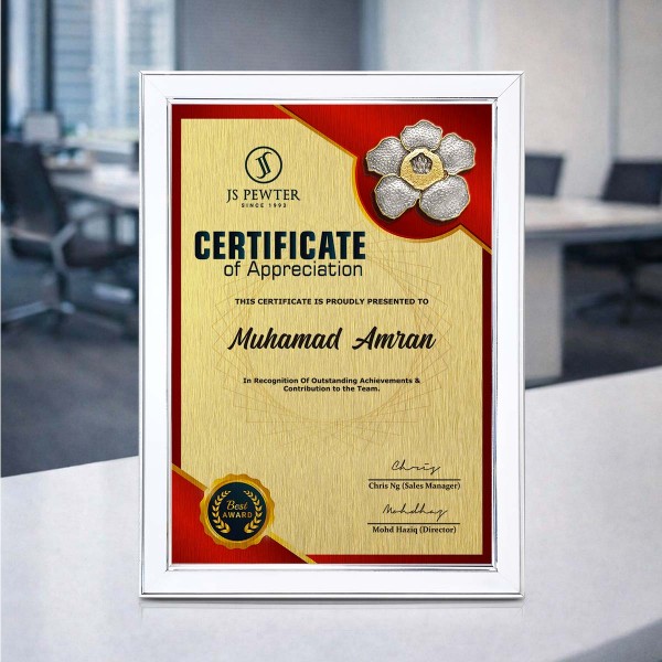White Silver Certificate Frame with Gold Plated Pewter - Rafflesia