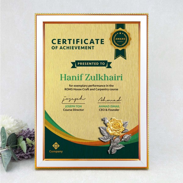 White Bronze Certificate Frame with Gold Plated Pewter - Rose Flower