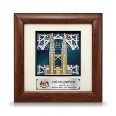 7" x 7" Solid Frame with Printed Background : Gold Plated Pewter Petronas Twin Towers (Islamic Motif Background)