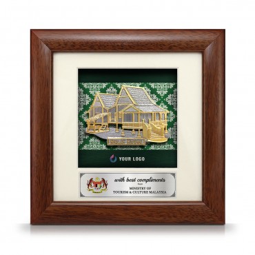 7" x 7" Solid Frame with Printed Background : Gold Plated Pewter Malay House (Malay Motif Pattern Background)