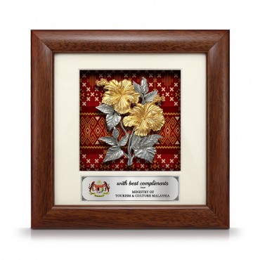 7" x 7" Solid Frame with Printed Background : Gold Plated Pewter Bunga Raya 2 Flowers (Songket Pattern Background)