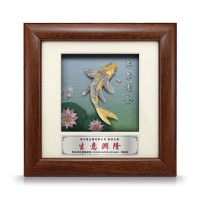7" x 7" Solid Frame with Printed Background : Gold Plated Pewter Lucky Koi Fish