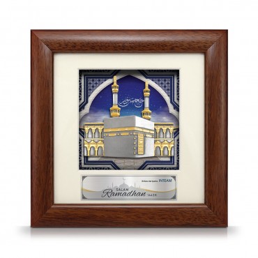 7" x 7" Solid Frame with Printed Background - Gold Plated Pewter Kaabah (Islamic Motif Background)