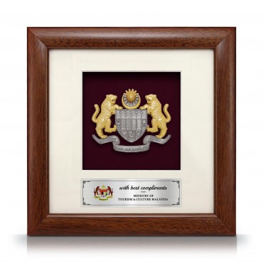 8" x 8" Solid Frame with Gold Plated Pewter - Coat of Arms of Malaysia (Jata Negara Logo Malaysia)