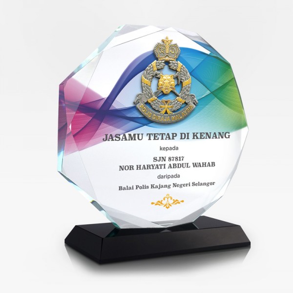7.4” Crystal Octagon with Gold Plated Pewter - Logo Police Diraja Malaysia (Polis PDRM)