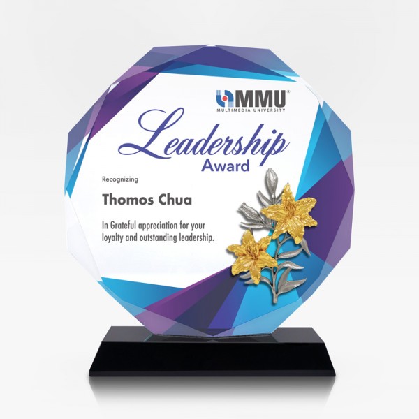 7.4” Crystal Octagon with Gold Plated Pewter - Lily Flower