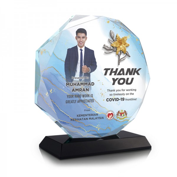 7.4” Crystal Octagon with Gold Plated Pewter - Lily Flower