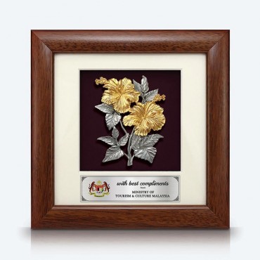 7" x 7" Solid Frame with Gold Plated Pewter - Bunga Raya 2 Flowers (Hibiscus Flower)